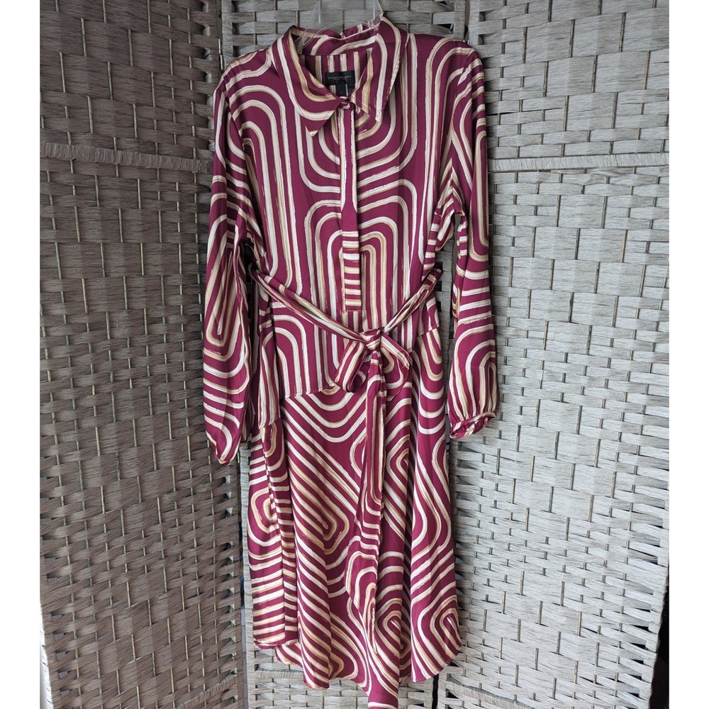 Donna Karan Shirt Dress Burgundy White Abstract Geometric Print Sz 16 Office